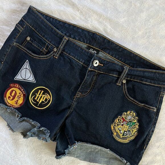 Harry Potter Denim Jean Shorts with Patches Dark Wash Plus Size 14 - Picture 1 of 12